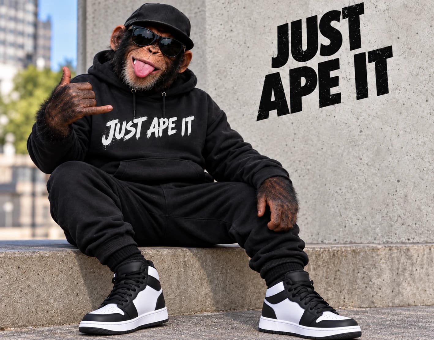 The JUST APE IT mascot: a chimpanzee in a black tracksuit, cap and sunglasses, sitting on a concrete step in front of a wall stencilled JUST APE IT.